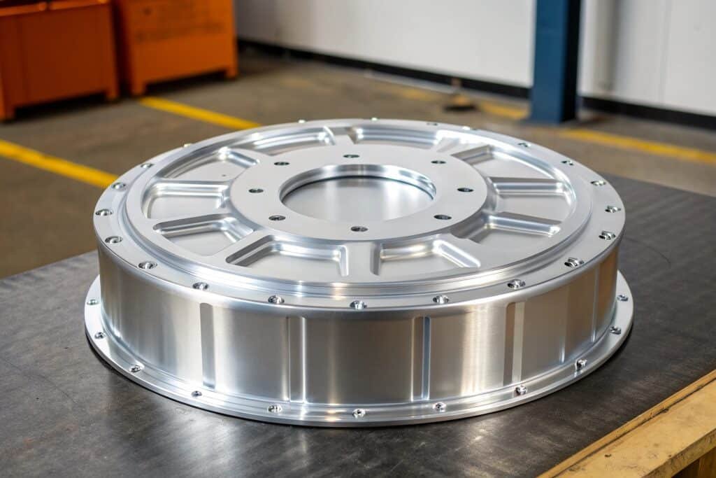 An image showing a 7075-T6 aluminum forging with detailed grain structure highlighted under magnification, emphasizing its strength.